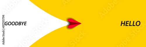 Red plane flying from goodbye to hello.business creativity new idea discovery innovation technology.