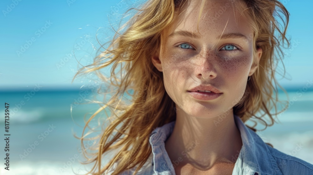 Breezy Beach Portrait of a Sandy Blonde Woman with Freckles
