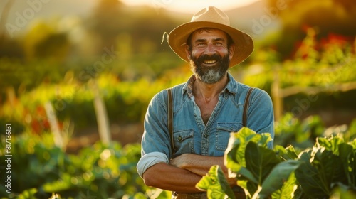 man in overalls working in the field with day crops looking at the camera smiling in high resolution and high quality. ecology concept