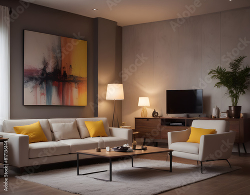 Stylish living room with cozy sofa  colorful abstract artwork  and inviting lighting for an elegant ambiance
