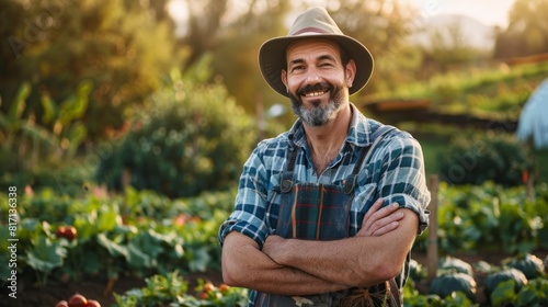man in overalls working in the field with day crops looking at camera smiling