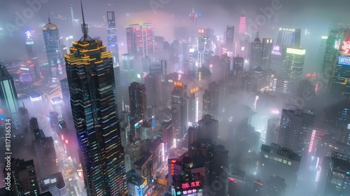 Vibrant Asian Mega City Skyline Overlaid with Neon Signs and Atmospheric Smog