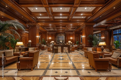 lobby lounge of a luxurious hotel with wooden interior