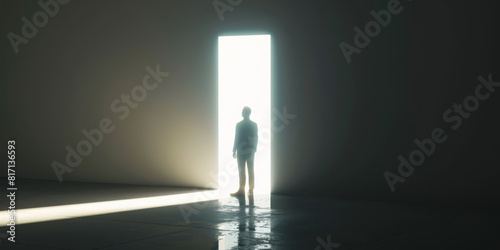 Silhouette of a Person Standing Before a Brightly Lit Doorway