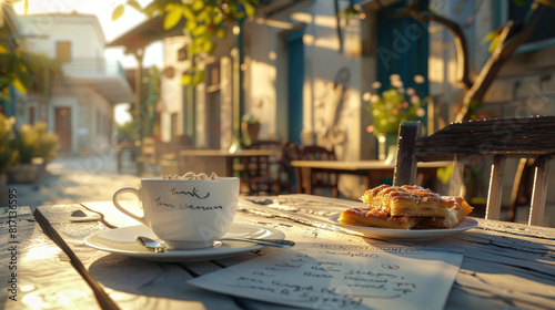 A Cup of Coffee and a Slice of Cake Enjoyed on a Sunny Patio