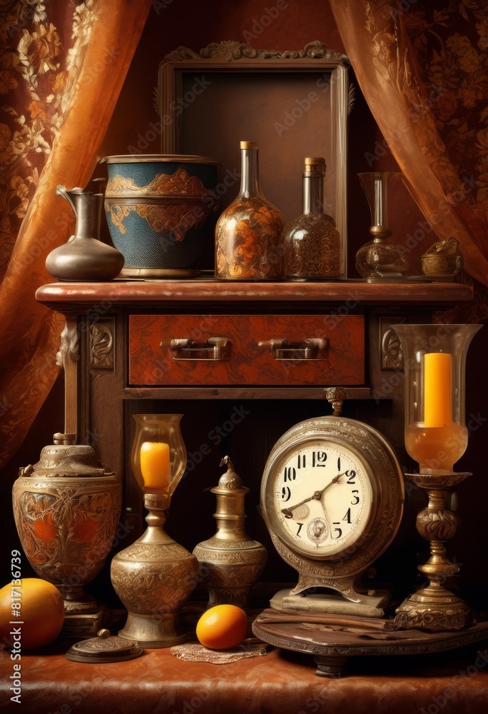 Fototapeta premium illustration, vintage still life arrangement antique objects compositions, retro, classic, traditional, aged, nostalgic, historical, dated, old, display