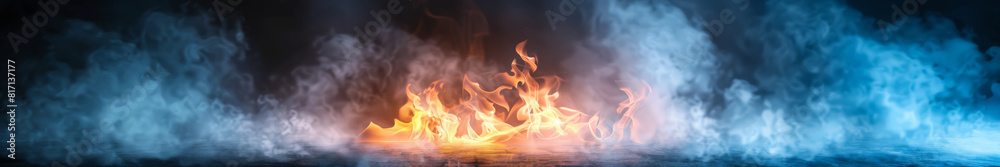 Fototapeta premium Intense Blue and Orange Flames in Dramatic Smoke Background