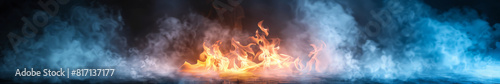 Intense Blue and Orange Flames in Dramatic Smoke Background