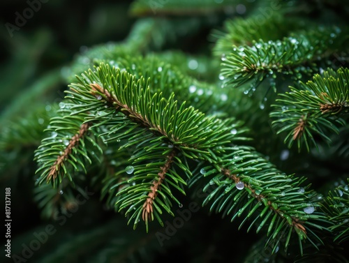 close-up of an evergreen christmas tree with full green background