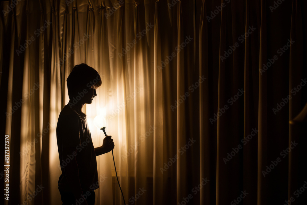 Silhouetted Young Man Holding Lightbulb in Dramatic Indoor Setting