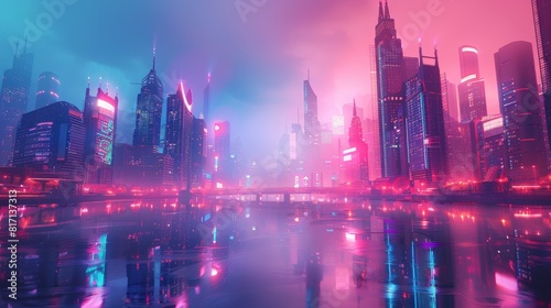 Stunning Panoramic Dusk View of a Futuristic City Skyline with Neon-lit Skyscrapers © spyrakot