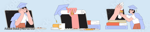 Students learning online remote in university or educational classes. Graduate characters with gown and hat vector illustration. Self-development or training, seminar, webinar or online course concept
