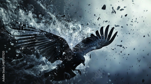 A black bird is flying through a stormy sky with water and debris. Concept of chaos and danger, as the bird struggles to navigate through the turbulent weather