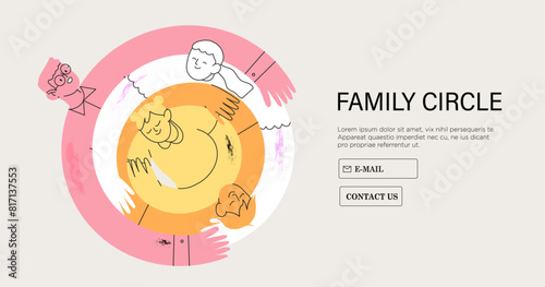 Family members hugging together. Supportive parents, togetherness, children mutual care and love concept. Family support or circle, embracing mother, father, son and daughter. Vector illustration.