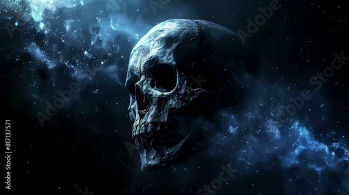 A skull is floating in space with a blue background. The skull is surrounded by stars and the sky is dark. Scene is eerie and mysterious