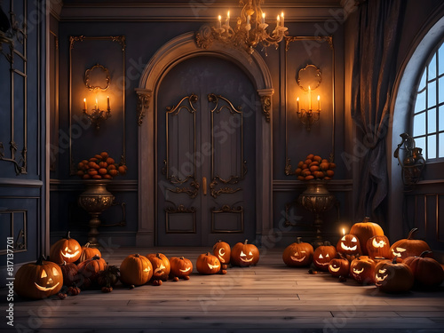 There are pumpkins and jack-o-lanterns on the floor in front of a doorway, scary magical background, Halloween atmosphere, Halloween scene, haunted background, magic doorway, spooky and frigh atmosphe photo