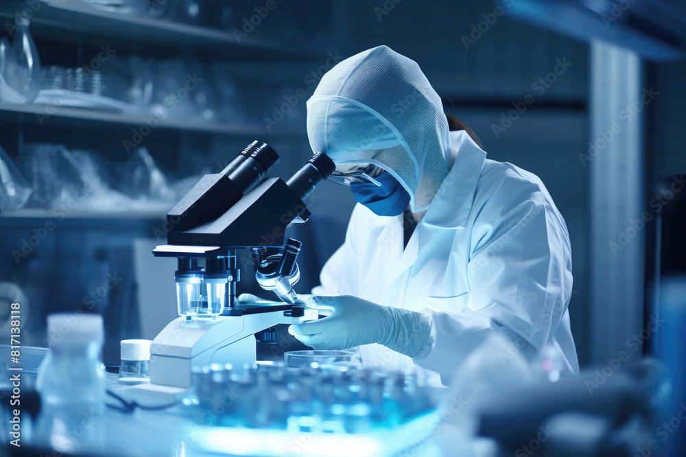 A scientist with a lab coat and gloves working in a lab with a microscope A scientist with a lab coat and gloves working in a lab with a microscope