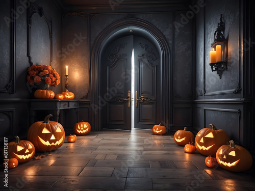 There are pumpkins and jack-o-lanterns on the floor in front of a doorway, scary magical background, Halloween atmosphere, Halloween scene, haunted background, magic doorway, spooky and frigh atmosphe