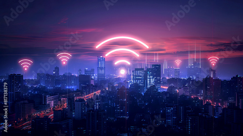 A modern city with a buildings and a lot of wifi signals at night