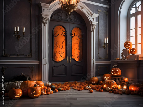 There are pumpkins and jack-o-lanterns on the floor in front of a doorway, scary magical background, Halloween atmosphere, Halloween scene, haunted background, magic doorway, spooky and frigh atmosphe photo