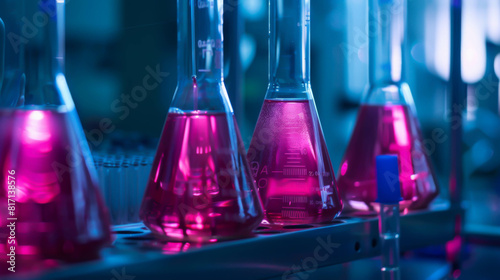 A row of pink beakers are lined up on a table