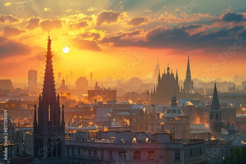 Vibrant Sunset Over Historical City with Gothic and Renaissance Architecture