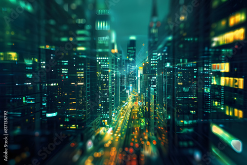 Futuristic cityscape with vibrant night lights