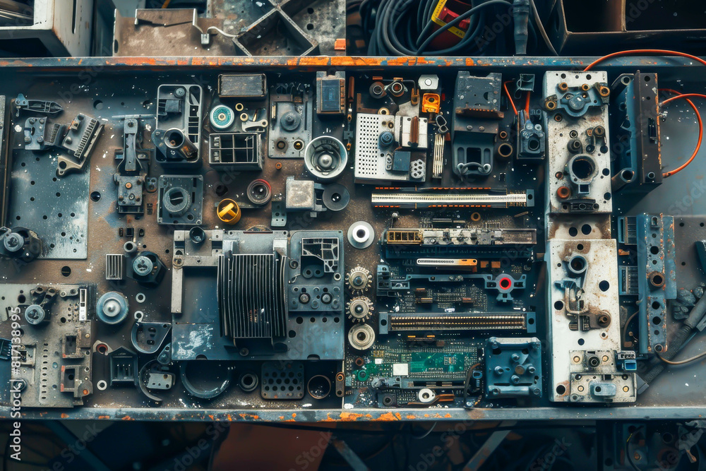 A disassembled computer board with many parts on a table. Scene is one of disarray and chaos, as the various components are scattered and disorganized A disassembled computer board with many parts on a table. Scene is one of disarray and chaos, as the various components are scattered and disorganized