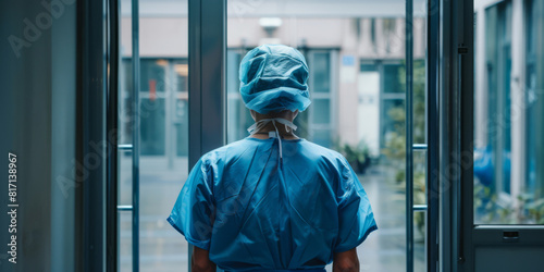 Healthcare Worker in Blue Scrubs Facing Modern Hospital Doors