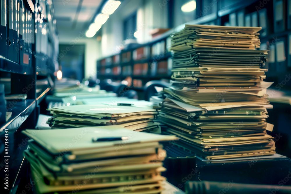 A stack of papers on a desk with a pen on top. The papers are piled high and the desk is cluttered