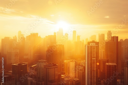 Golden Sunrise Over Urban Skyline: A Vision of Modern Architecture and Bustling City Life