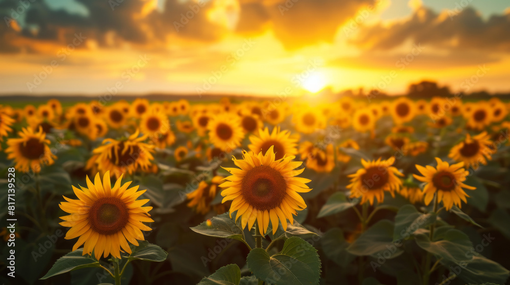 A field of sunflowers against the background of the evening sky.