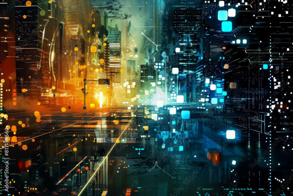 A cityscape with a street scene with a person walking on the sidewalk. The street is lit up with neon lights and the sky is dark. Scene is mysterious and futuristic A cityscape with a street scene with a person walking on the sidewalk. The street is lit up with neon lights and the sky is dark. Scene is mysterious and futuristic
