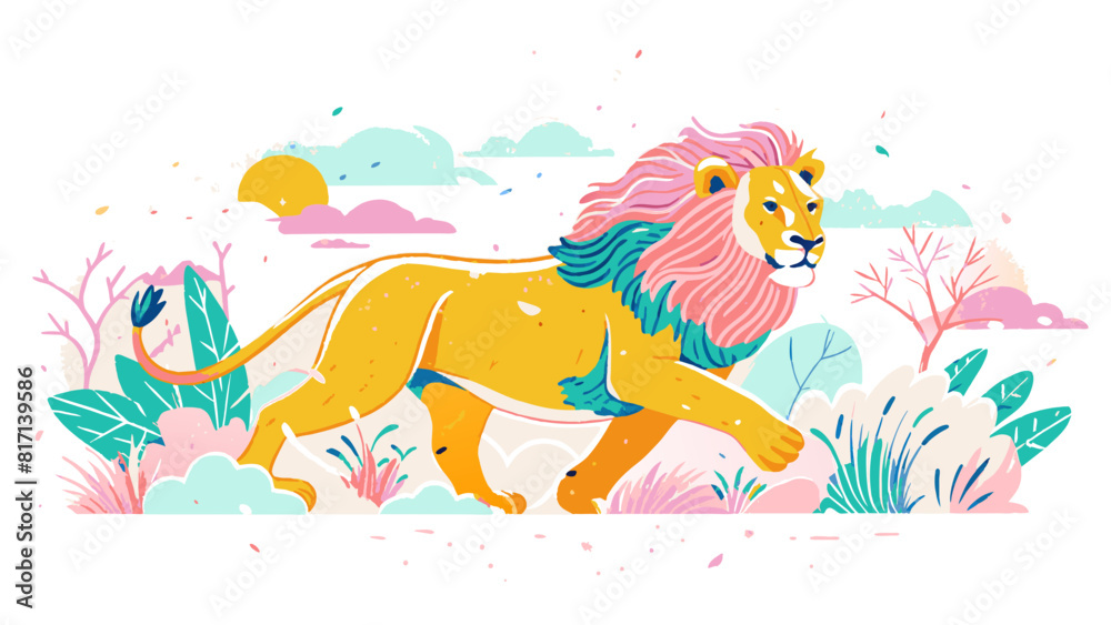 Obraz premium Colorful Illustrated Lion Roaming in a Stylized Pastel Landscape