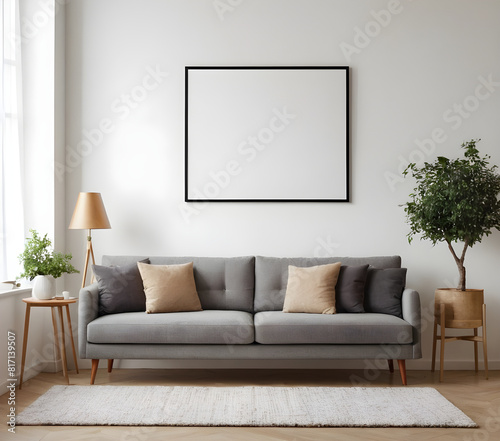 Elegant living room with a cozy grey sofa, empty art frame on the wall, and sophisticated decor in a neutral color scheme © Samsul Alam