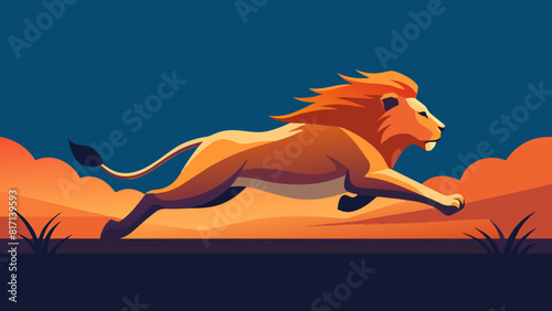 Magnificent Lion Sprinting Across African Savanna at Sunset