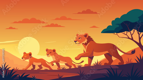 Majestic Lion Family at Sunset in the African Savannah