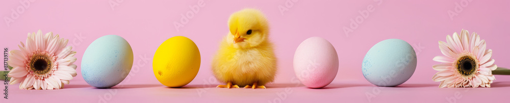 Fluffy Yellow Chick Among Pastel-Colored Easter Eggs Fluffy Yellow Chick Among Pastel-Colored Easter Eggs