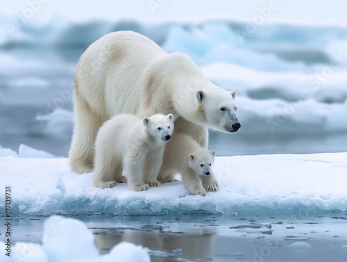 A polar bear and two cubs on a block of ice in their natural icy environment photo