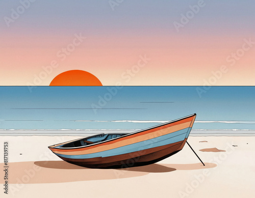 illustration of a fishing boat on the seashore, sandy beach