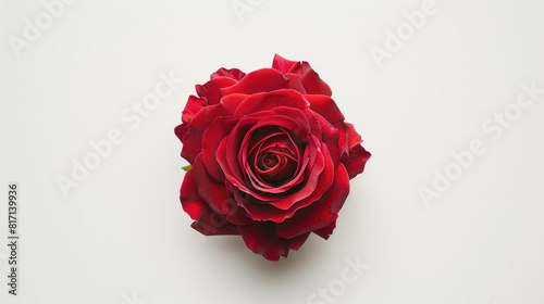A stunning red rose flower in full bloom stands out against a clean white backdrop captured from above to showcase its vibrant petals