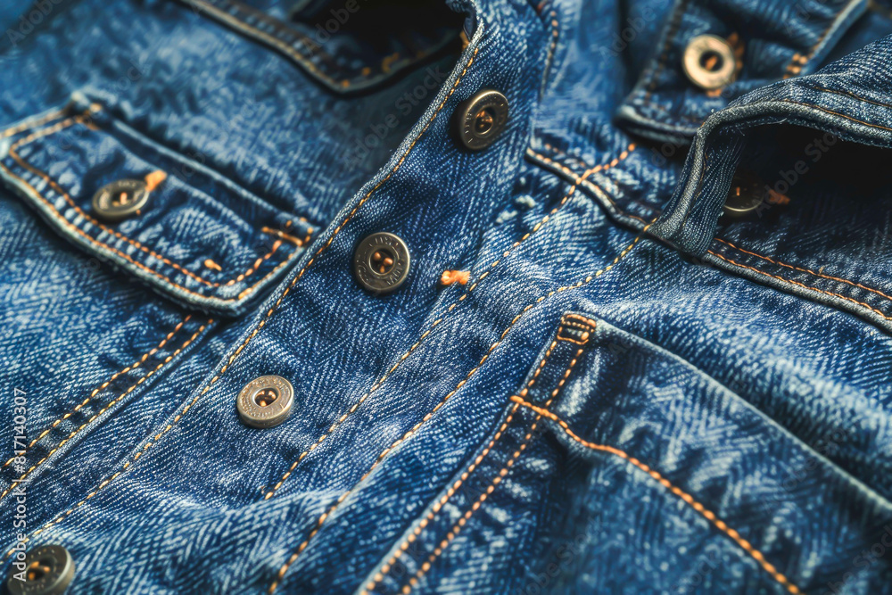 A close up of a blue denim jacket with buttons and zippers. The jacket is made of denim and has a button on the left side and a zipper on the right side A close up of a blue denim jacket with buttons and zippers. The jacket is made of denim and has a button on the left side and a zipper on the right side