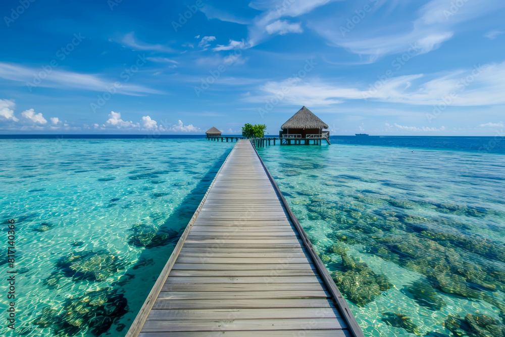 A wooden bridge leads to a beach with a small hut in the distance. The water is calm and clear, and the sky is blue with some clouds. The scene is peaceful and serene, inviting visitors to relax A wooden bridge leads to a beach with a small hut in the distance. The water is calm and clear, and the sky is blue with some clouds. The scene is peaceful and serene, inviting visitors to relax
