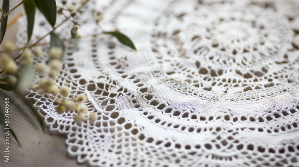 A white lace doily with a green leaf on top. The lace is very intricate and detailed