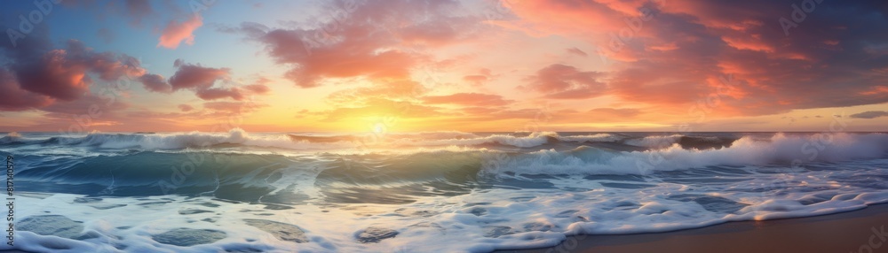a stunning sunset and the crashing waves of the sea