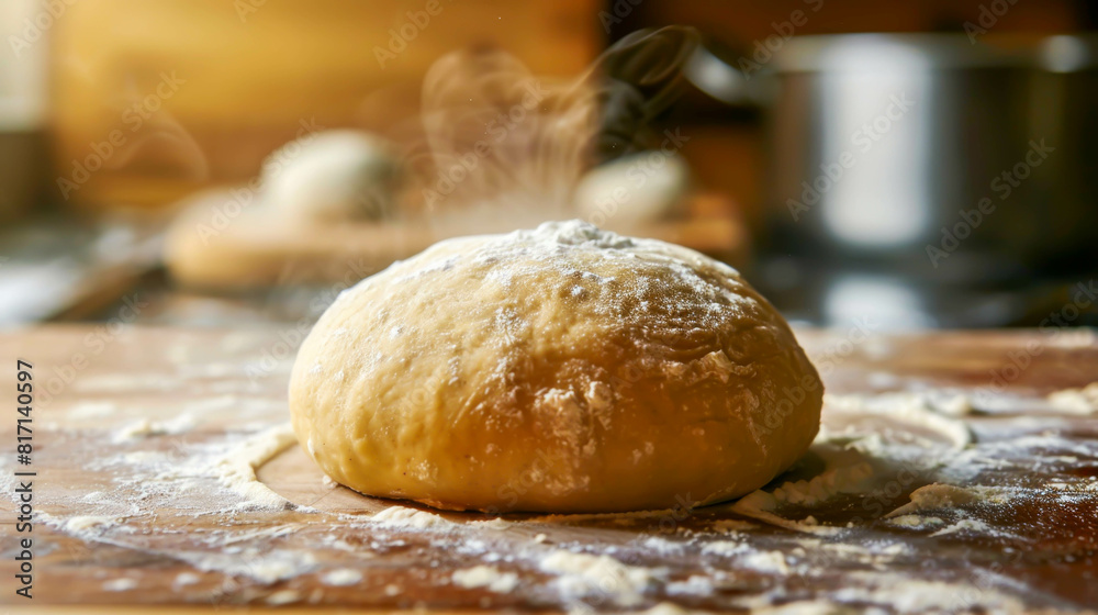 A doughnut is sitting on a wooden cutting board with a lot of flour on it A doughnut is sitting on a wooden cutting board with a lot of flour on it
