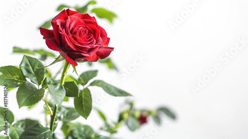 A vibrant red rose with lush green leaves stands out against a pure white background