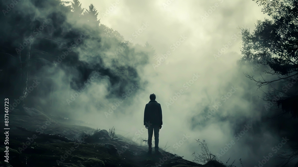 A man stands alone in a foggy forest, surrounded by smoke. The atmosphere is eerie and mysterious, with the man appearing to be lost or searching for something A man stands alone in a foggy forest, surrounded by smoke. The atmosphere is eerie and mysterious, with the man appearing to be lost or searching for something