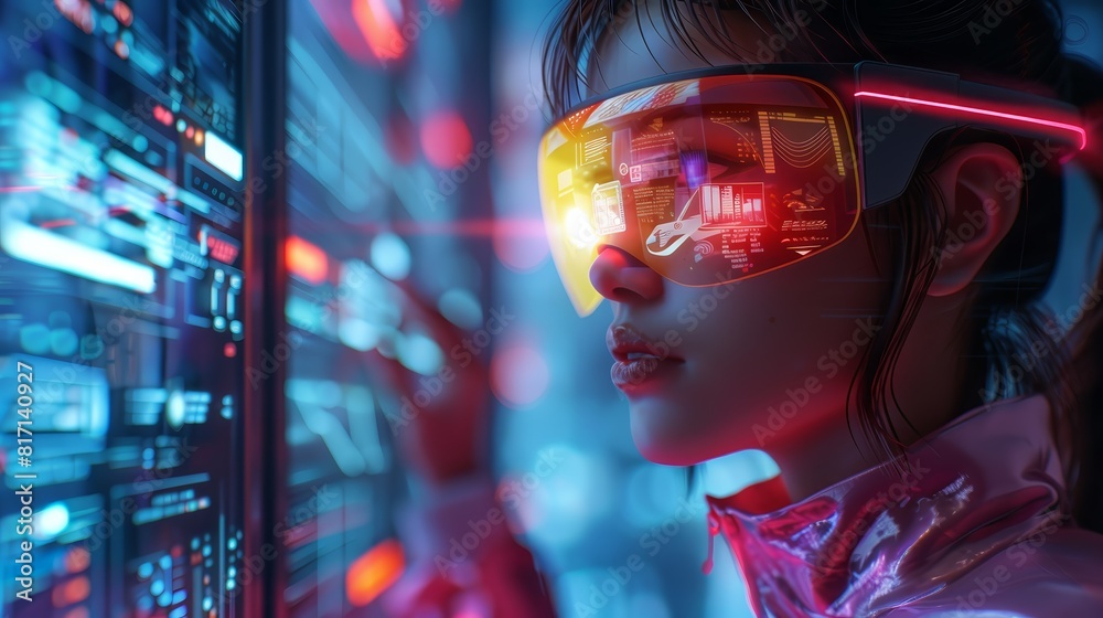 A person wearing AR glasses in a modern workspace, interacting with holographic displays showing various applications and data overlays Cyberpunk, Neon lighting, 3D rendering A person wearing AR glasses in a modern workspace, interacting with holographic displays showing various applications and data overlays Cyberpunk, Neon lighting, 3D rendering