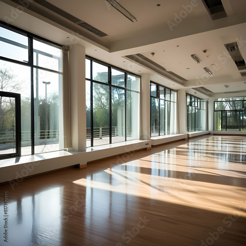 Interior of an empty dance  yoga  fitness studio hall with big mirrors  windows and wooden floor